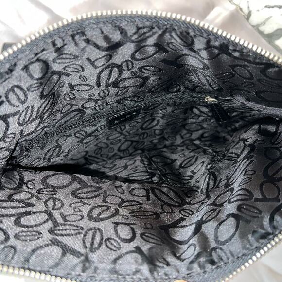 Bebe Multi Textured Black Leather Large Zip Clutch Wrist Strap Tassel Zip 7x13”